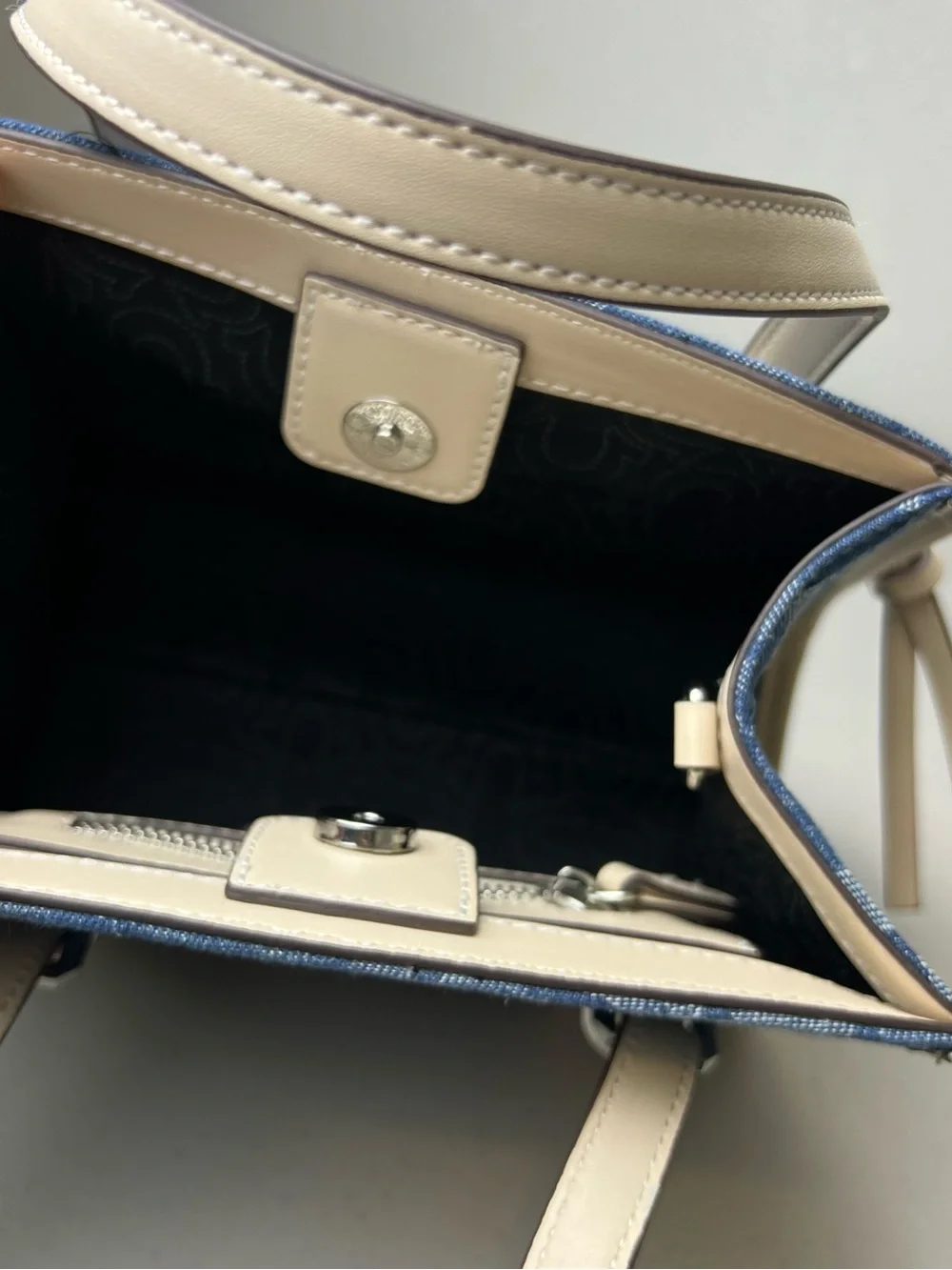 True Religion Blue Floral Denim Tote Purse Shoulder Bag with Cream Trim